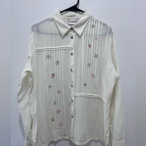 Vintage Pleated Pintuck Blouse with Beadinf and Embroidery Womens Medium